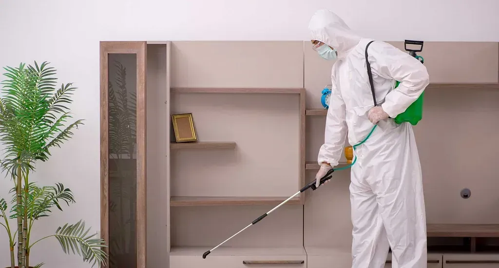 Un hombre con un traje de protección está rociando una habitación con un pulverizador.