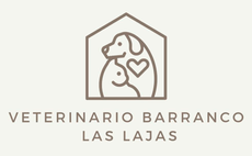Logotipo para Veterinario Barranco Las Lajas, que presenta un perro y un gato dentro del contorno de una casa