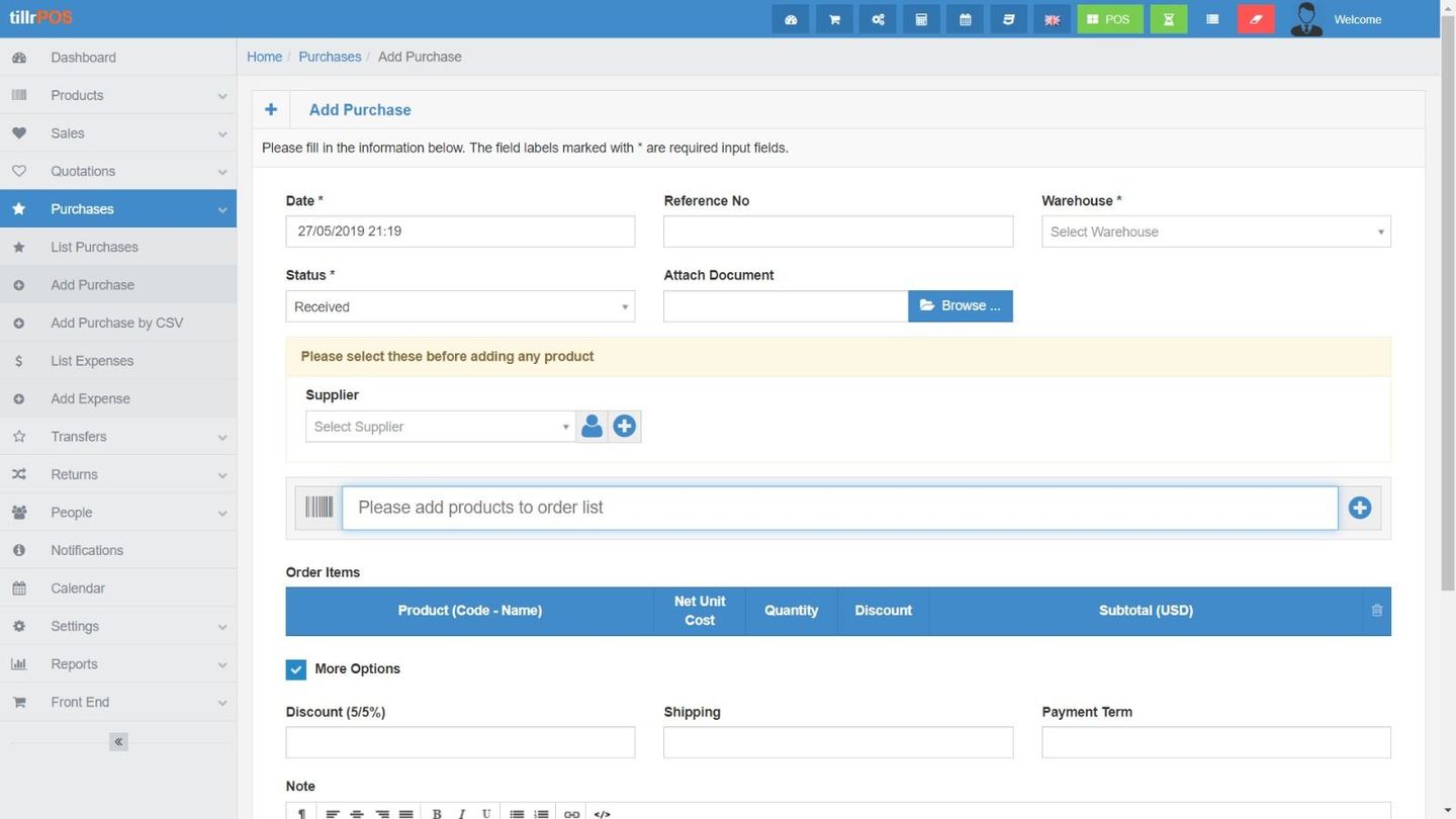 Purchases - The purchase module allows you to create purchase orders, manage purchases, & add payments.