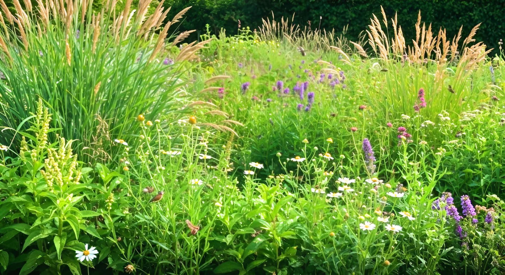 Jardin luxuriant d'un vert éclatant, avec de hautes herbes, des fleurs sauvages violettes et des marguerites blanches baignées de soleil.