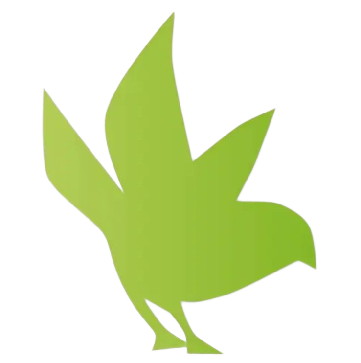 Silhouette d'oiseau vert aux ailes déployées et au bec pointant vers le bas.