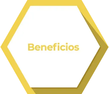 Un hexágono amarillo con la palabra beneficios.