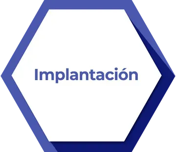 Un hexágono azul con la palabra implantación dentro.
