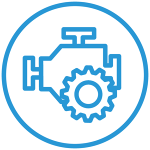 Un icono azul de un engranaje y un motor en un círculo.