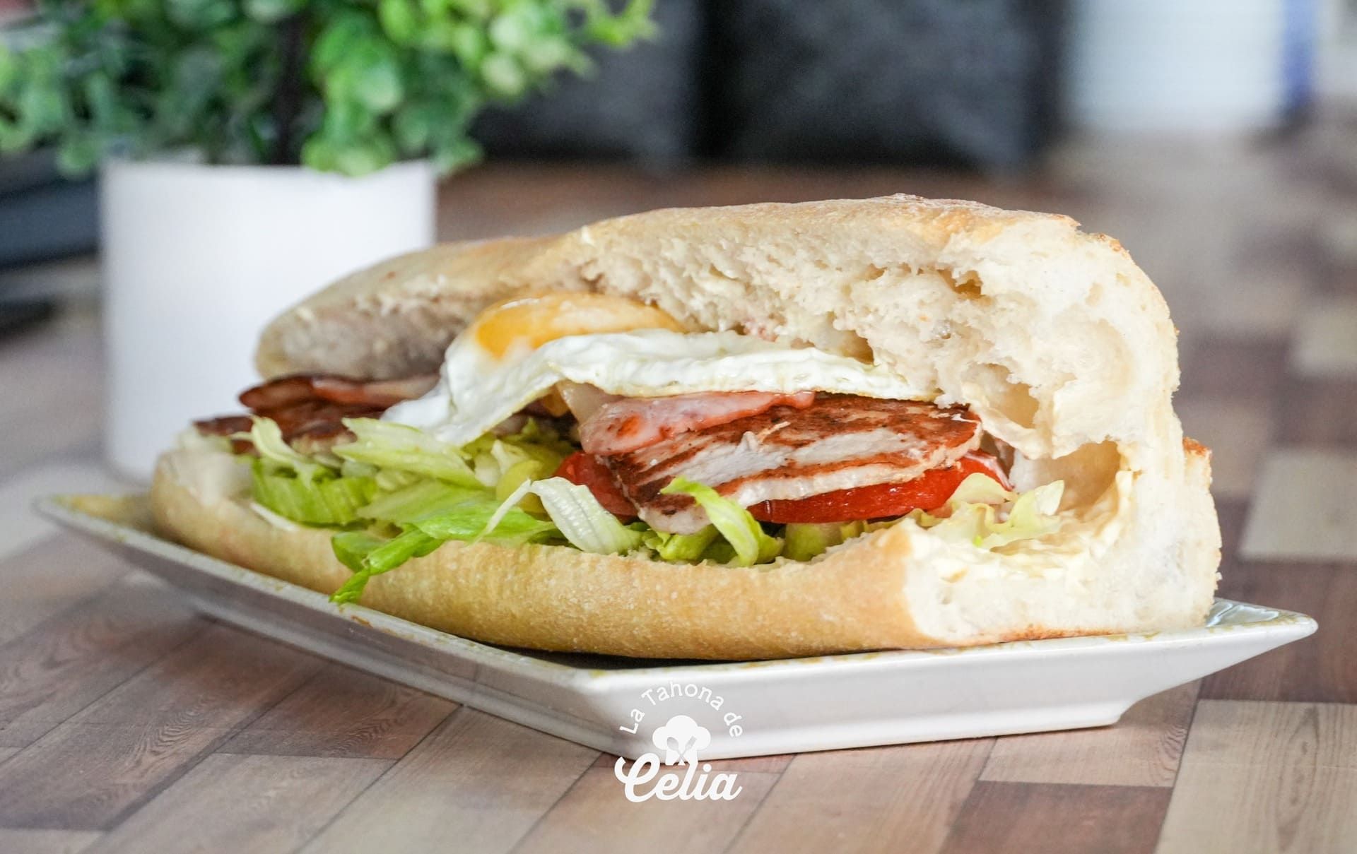 Un primer plano de un sándwich en un plato sobre una mesa.