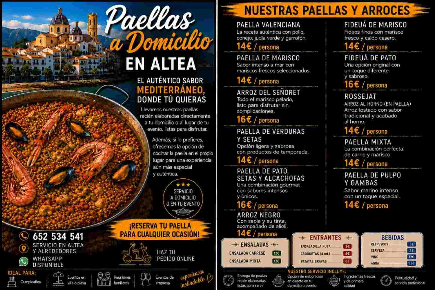 Cartel de menú para Paellas a Domicilio en Altea, con una foto de paella y los precios de las paellas y los arroces.
