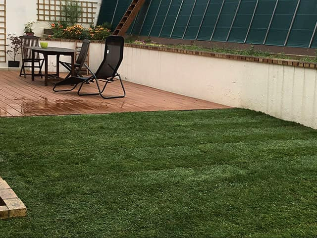 Jardin avec le gazon fraîchement tondu et terrasse en bois