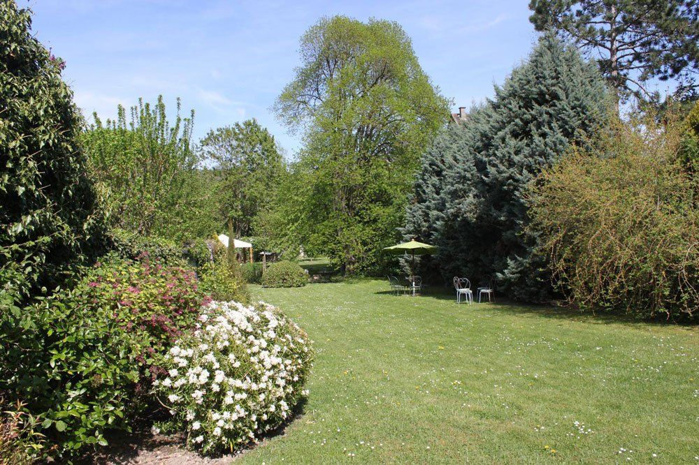 Grand espace de jardin aménagé avec arbustes et arbres