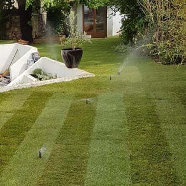 Arrosage automatique dans un jardin fraîchement tondu