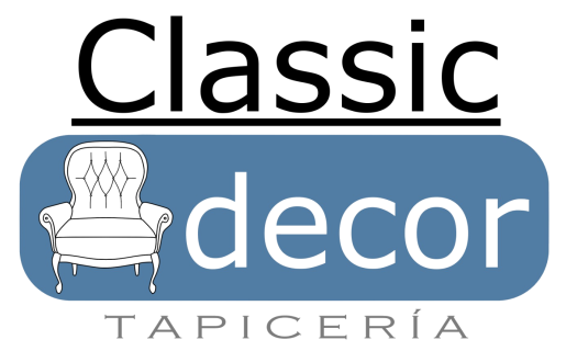 Un logotipo para tapicería de decoración clásica con una silla encima.