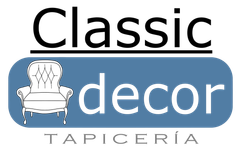 Un logotipo para tapicería de decoración clásica con una silla encima.