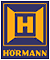 Hörmann-Logo: blauer quadratischer Rahmen mit goldener Innenseite und einer goldenen „H“-Form. „Hörmann“ in weißer Schrift.