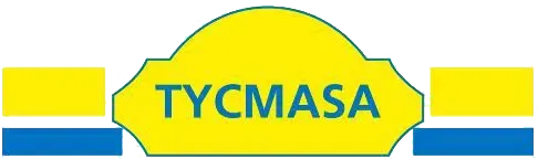Logotipo con barras amarillas y azules flanqueando una insignia amarilla con "TYCMASA" en texto verde.