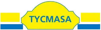 Logotipo con barras amarillas y azules flanqueando una insignia amarilla con "TYCMASA" en texto verde.