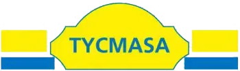 Logotipo con barras amarillas y azules flanqueando una insignia amarilla con "TYCMASA" en texto verde.