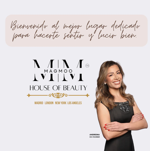 MIMI MAGMOO HOUSE OF BEAUTY con mujer, texto: 