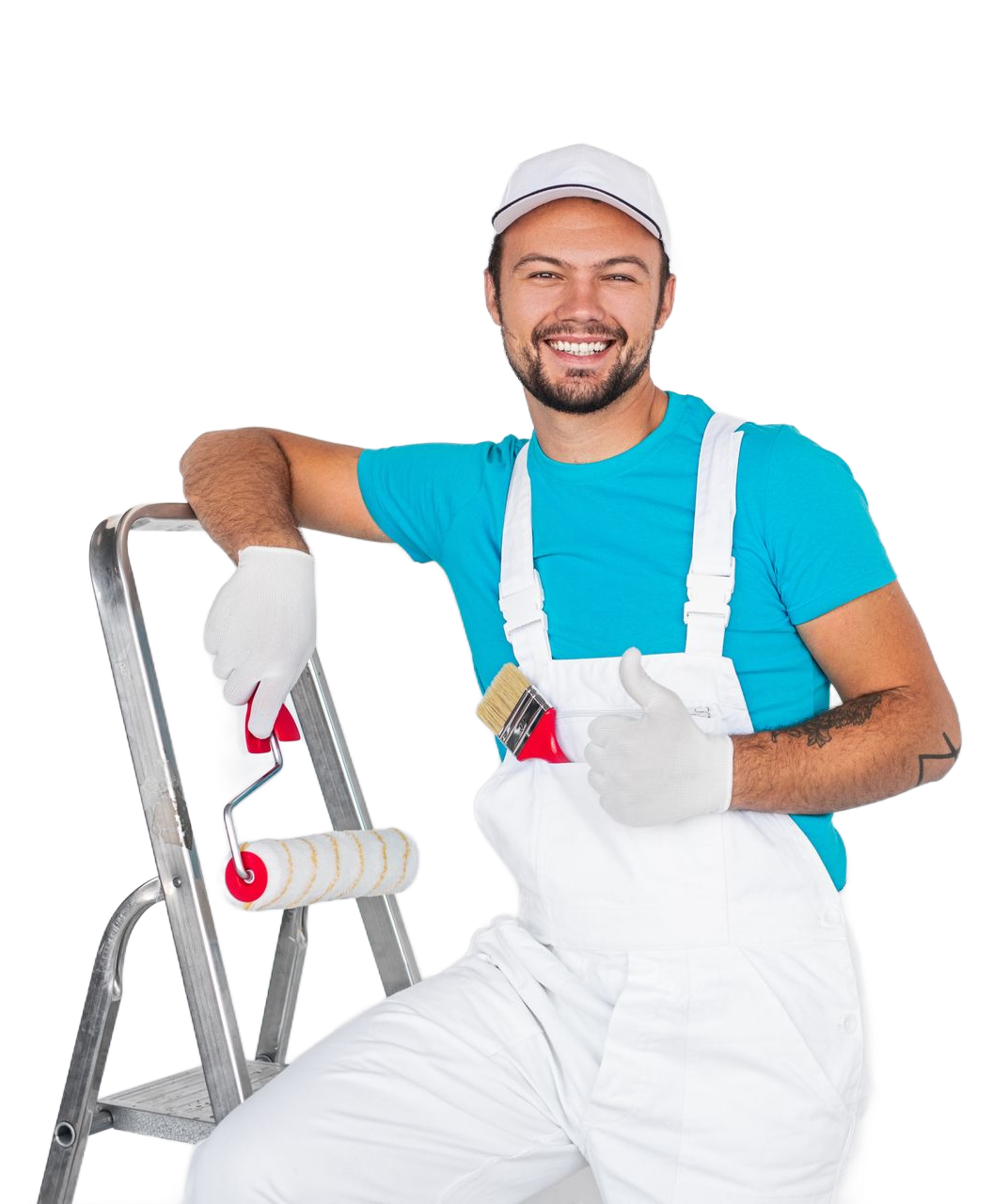 Peintre en salopette blanche et chemise bleue, appuyé sur une échelle, tenant un rouleau à peinture