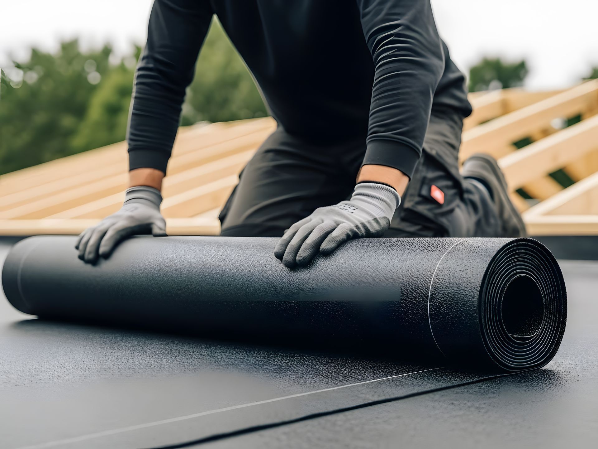 Un ouvrier déroule du feutre bitumé noir sur un toit en construction.