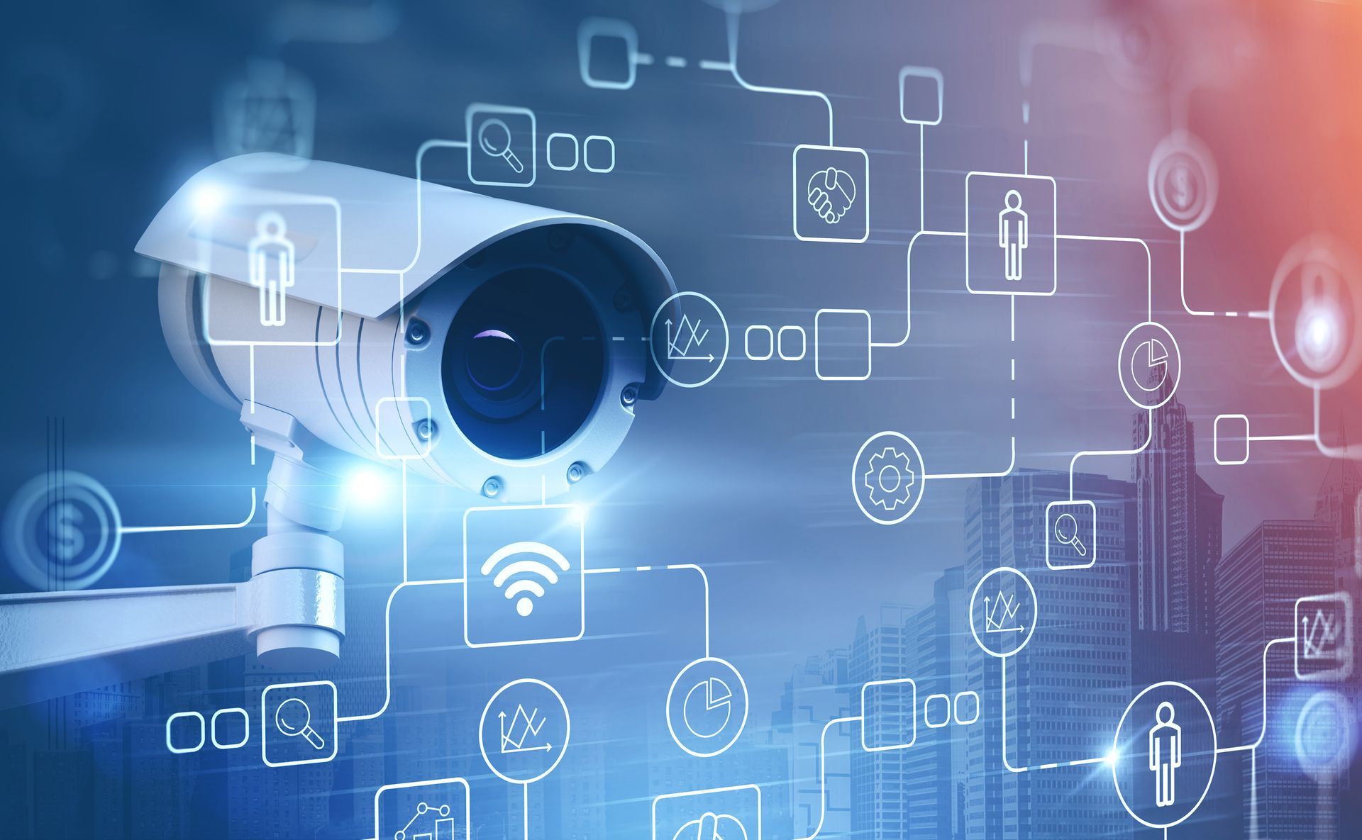 Gros plan sur une caméra de sécurité avec icônes représentant la connexion Wi-Fi, la détection de mouvement…