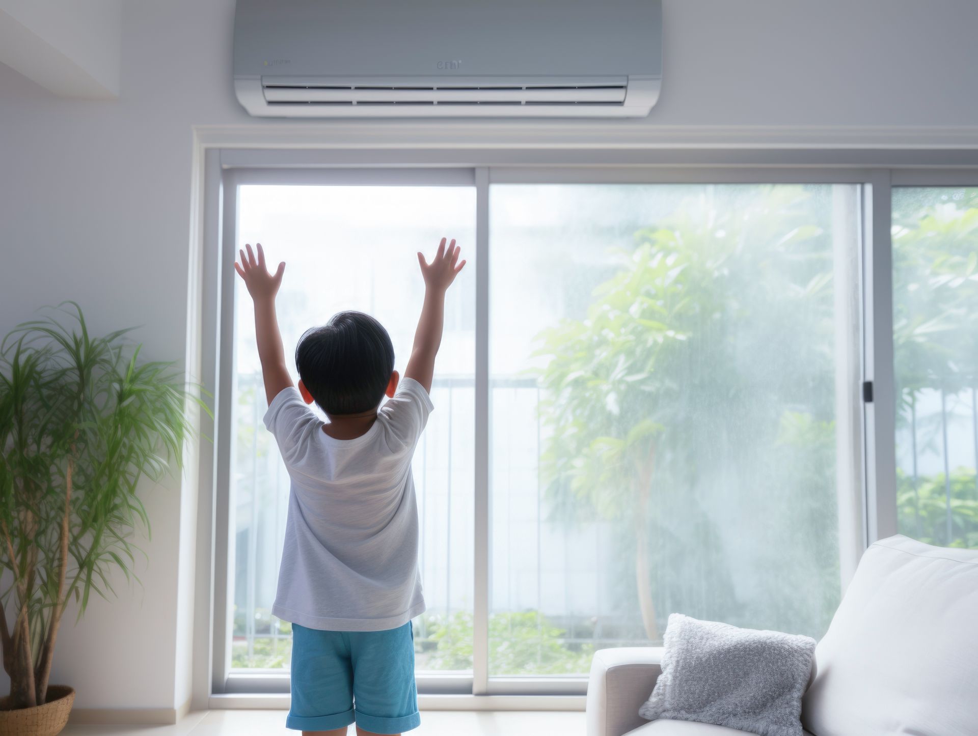 Un enfant tend les bras vers le ciel dans un salon lumineux, sous un climatiseur mural.