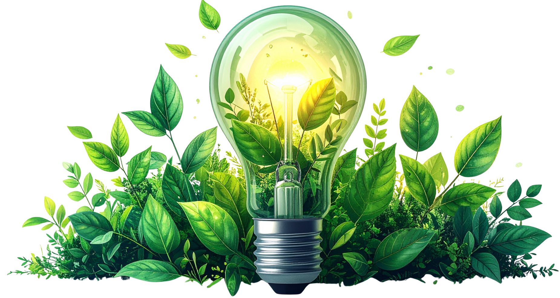 Des feuilles vertes entourent une ampoule allumée, symbolisant l'écologie et le développement durable.