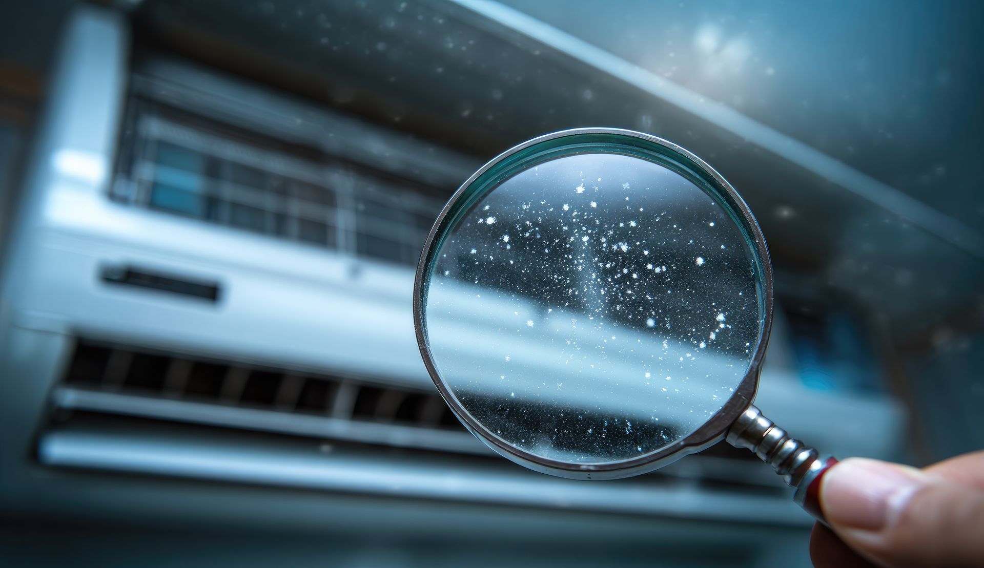 Une loupe placée devant un climatiseur ouvert avec des particules de poussière