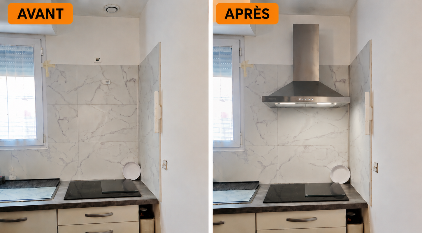 Avant et après la rénovation d'un mur de cuisine, avec l'installation d'une hotte aspirante