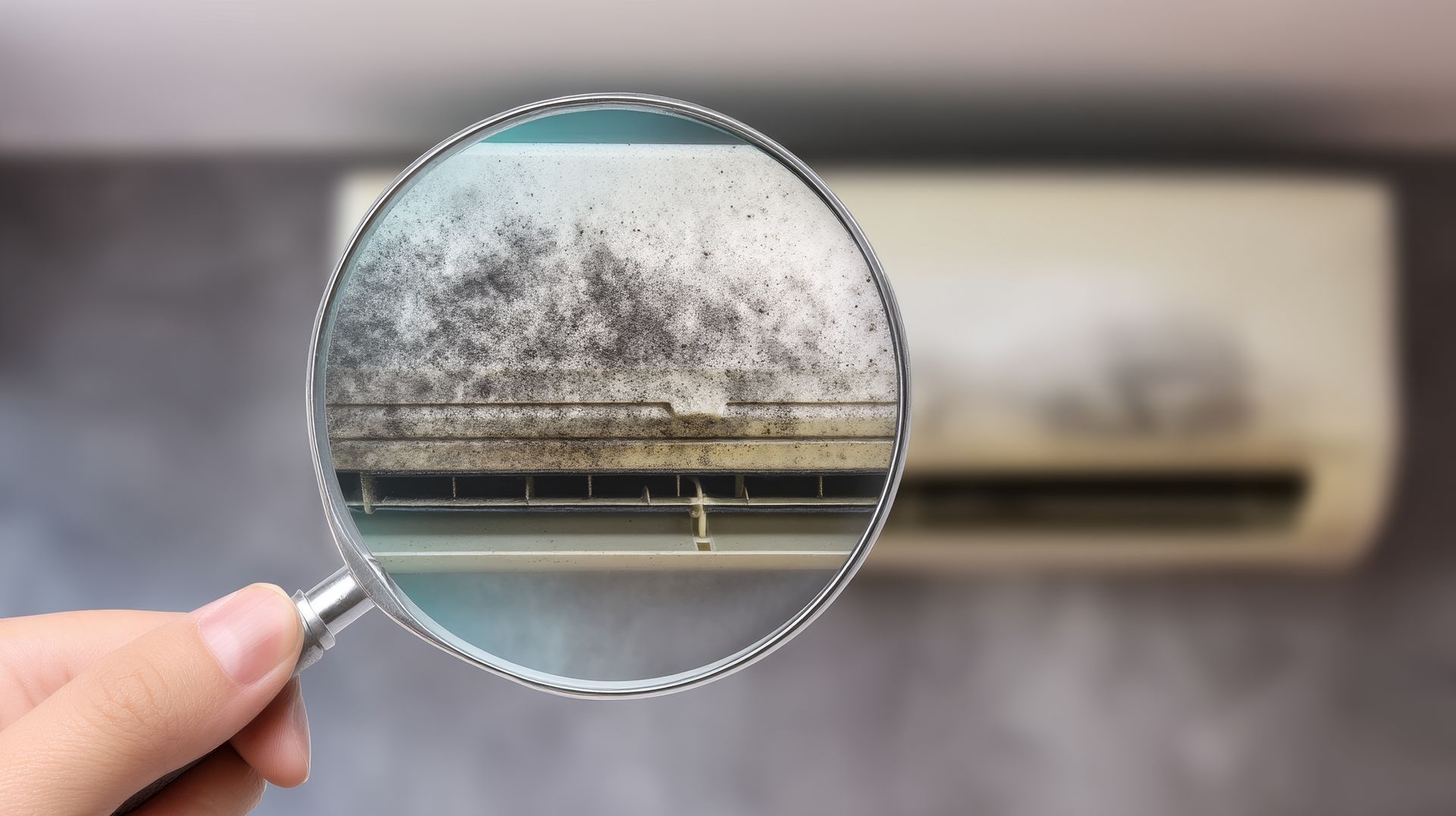 Une loupe permet d'examiner la moisissure et la poussière sur un filtre de climatiseur mural.