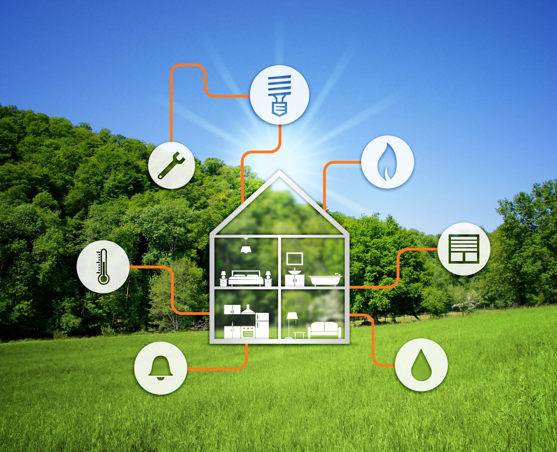 Dessin de maison et d'icônes d'énergie, d'eau et de température, symbolisant la connectivité et paysage verdoyant en fond