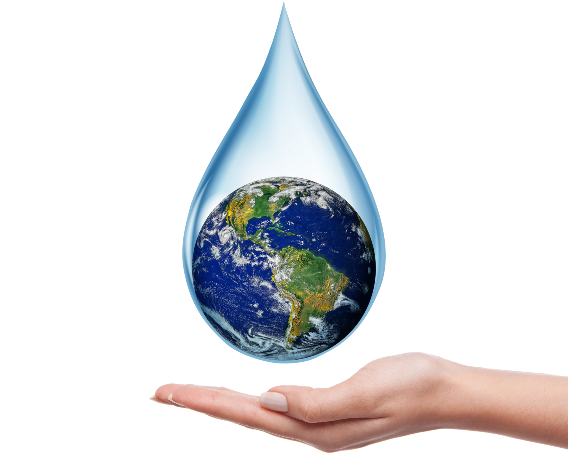 Une main tenant une goutte d'eau en forme de Terre sur fond blanc