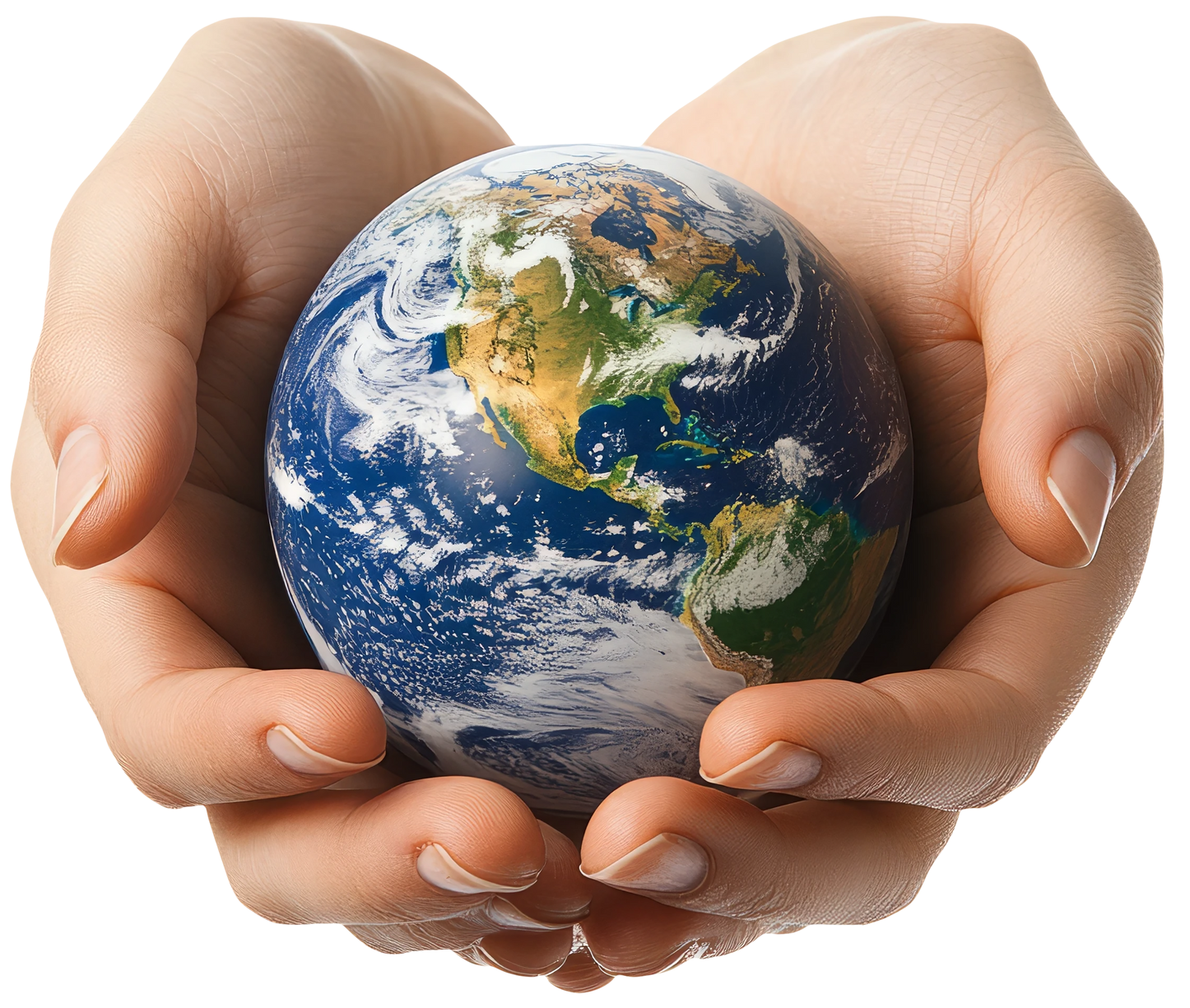 Des mains portent un petit globe terrestre.