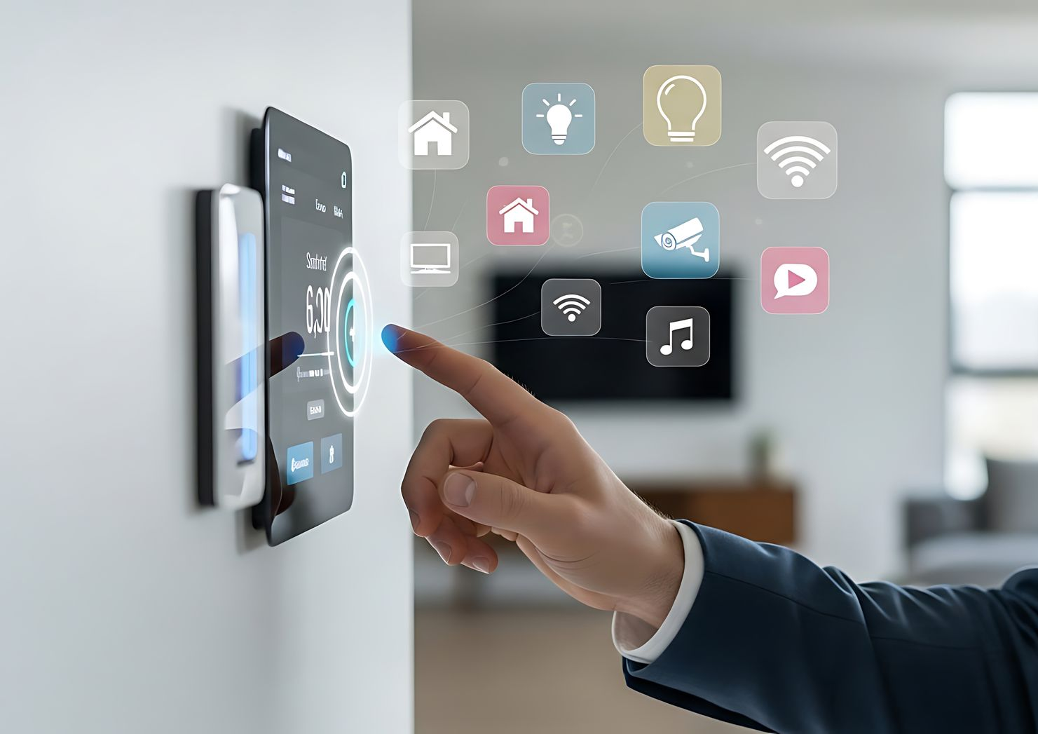 Écran tactile mural avec des icônes d'applications représentant maison, ampoule, Wi-Fi, vidéosurveillance…