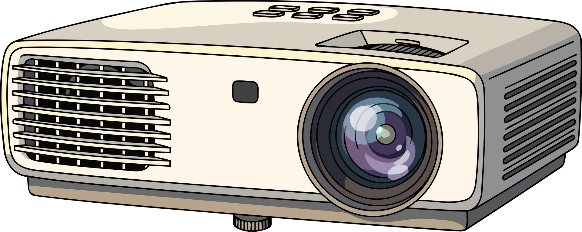 Un projecteur numérique blanc doté d'une grande lentille et d'aérations latérales, présenté de face sur fond blanc.