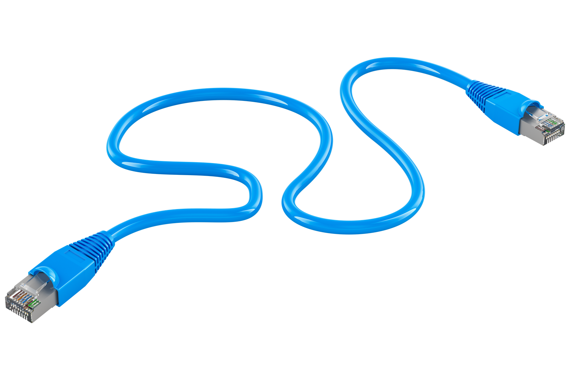 Un câble Ethernet bleu avec des connecteurs RJ45 aux deux extrémités, enroulé sur un fond blanc.