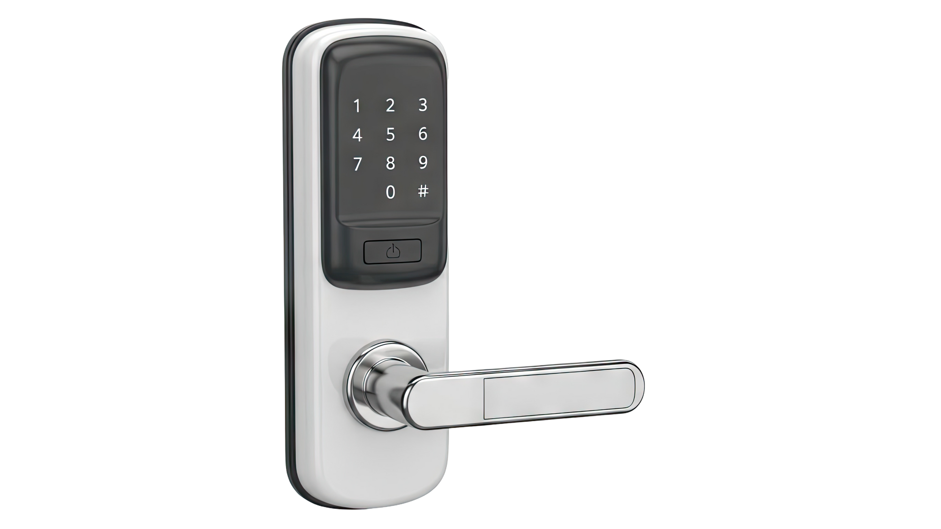 Une serrure de porte électronique intelligente blanche et noire.