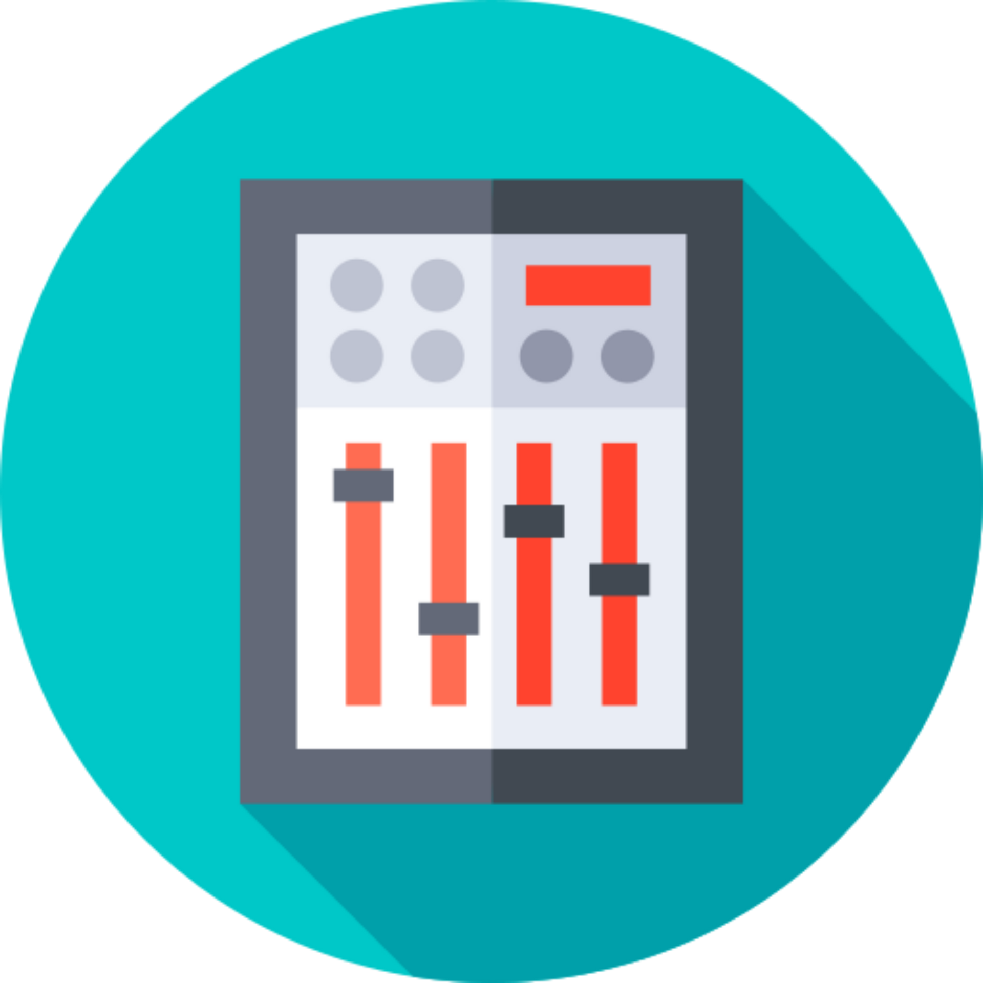 Console de mixage audio grise avec quatre curseurs et boutons rouges, sur un fond circulaire turquoise.