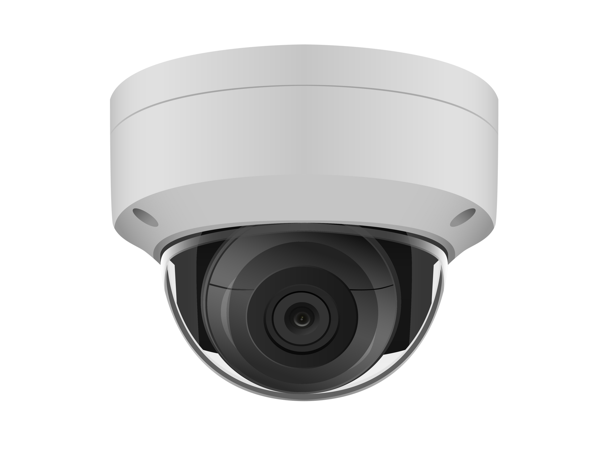 Caméra de sécurité à dôme blanc montée sur fond blanc.