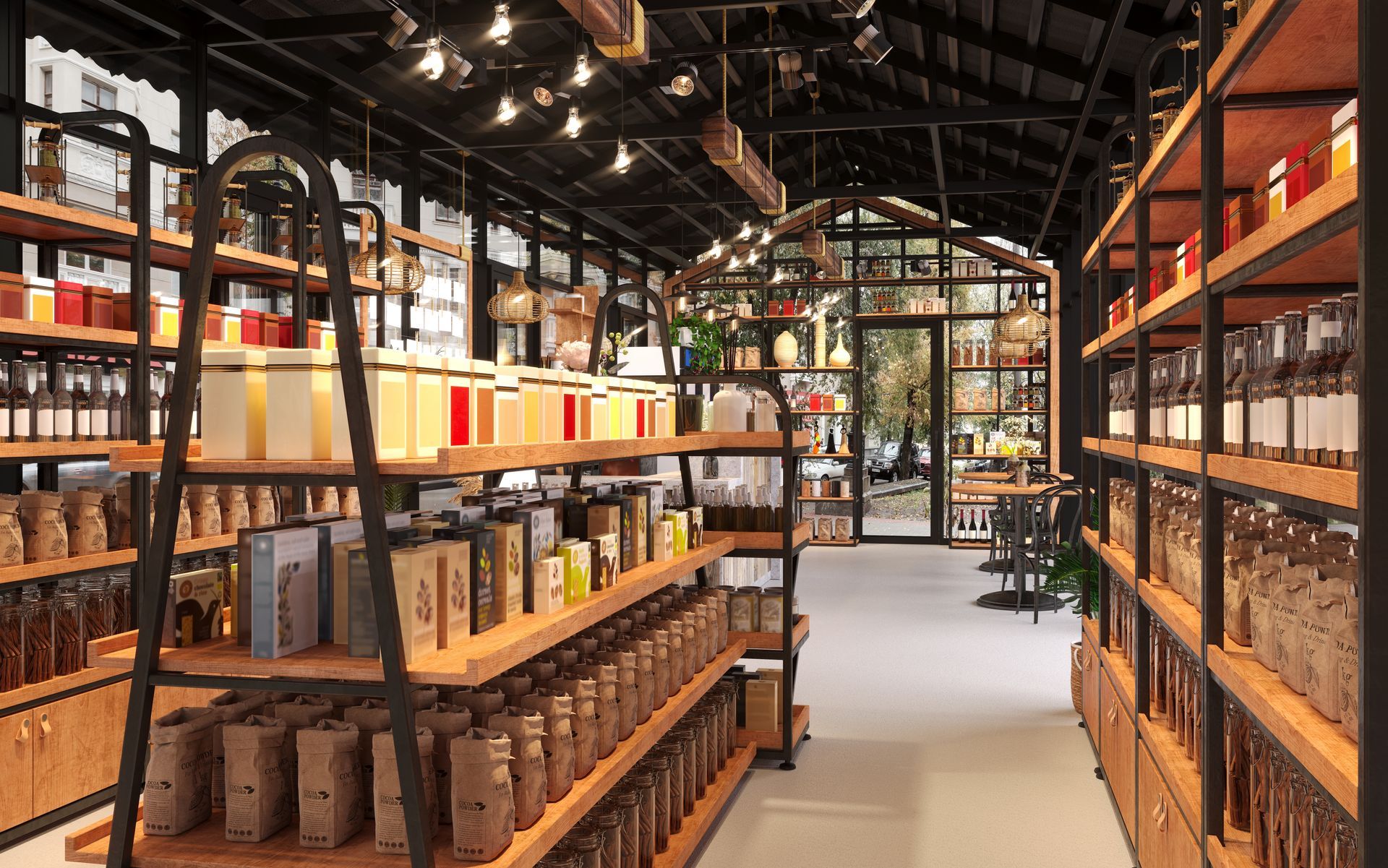 L'intérieur d'un magasin lumineux présente des rangées d'étagères en bois garnies de divers produits.