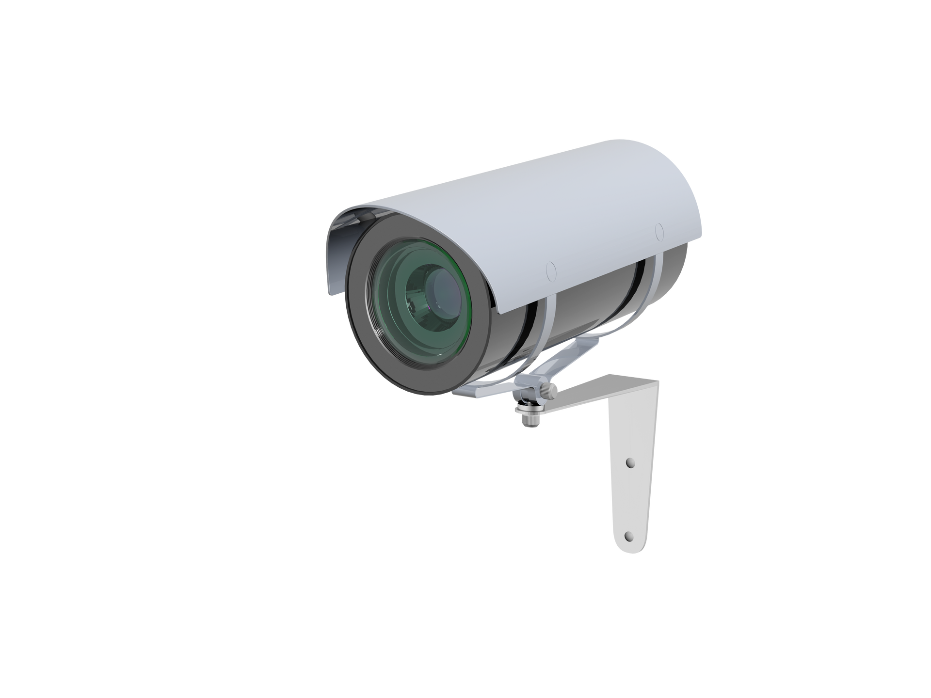 Caméra de sécurité extérieure grise de type bullet, montée sur un support métallique, sur fond blanc.