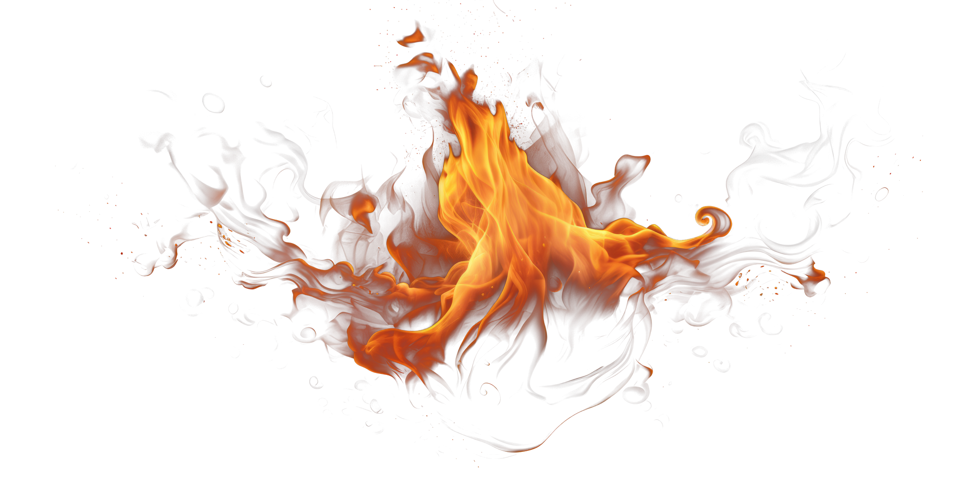 Flammes orange et jaunes avec des volutes de fumée tourbillonnant sur un fond blanc uni.