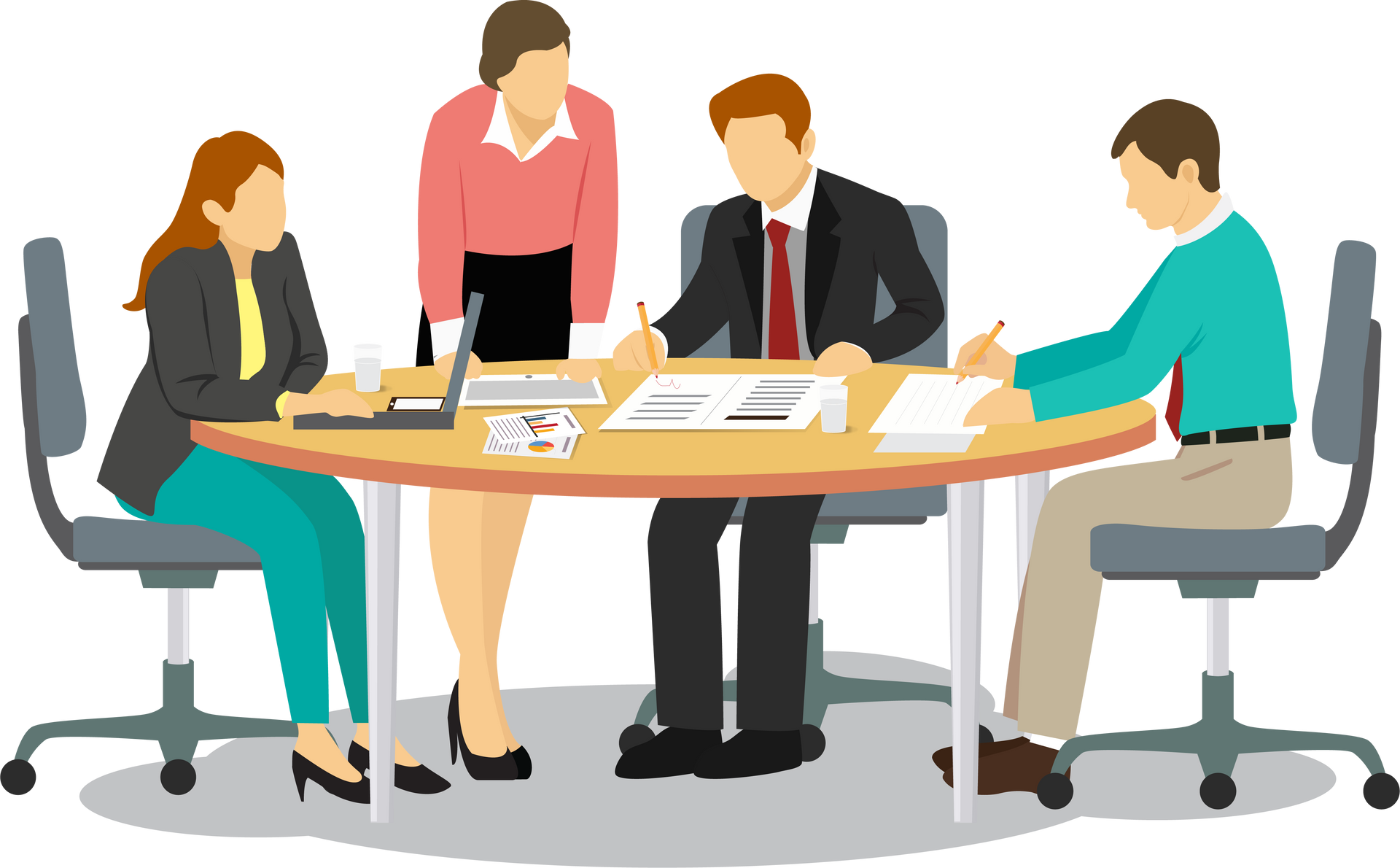 Dans un environnement de bureau moderne, quatre professionnels collaborent autour d'une table.