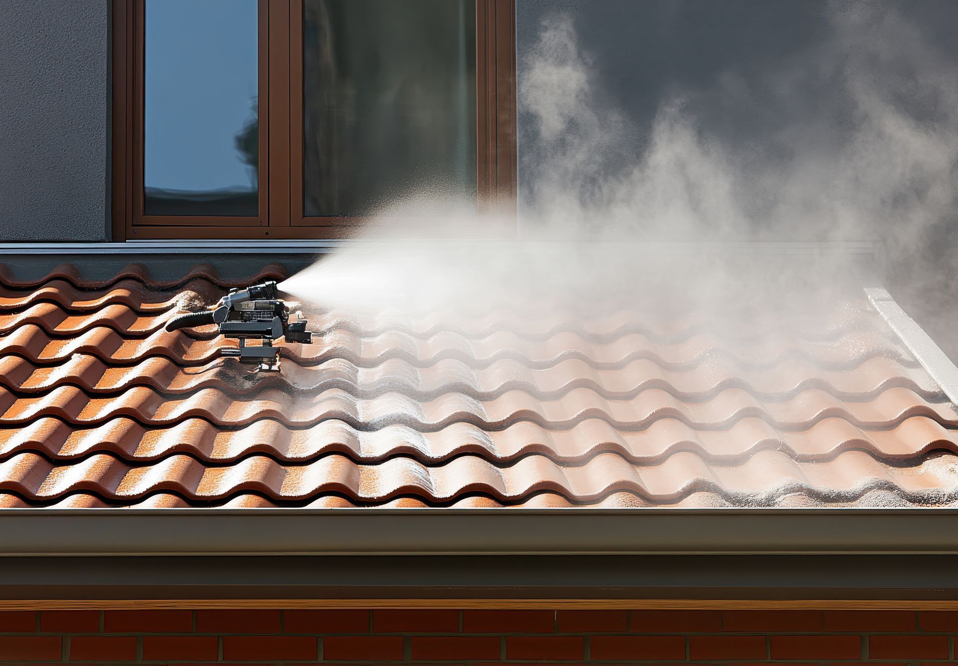 Un petit robot automatisé vaporise une brume blanche sur les tuiles rouges du toit, sous une fenêtre.