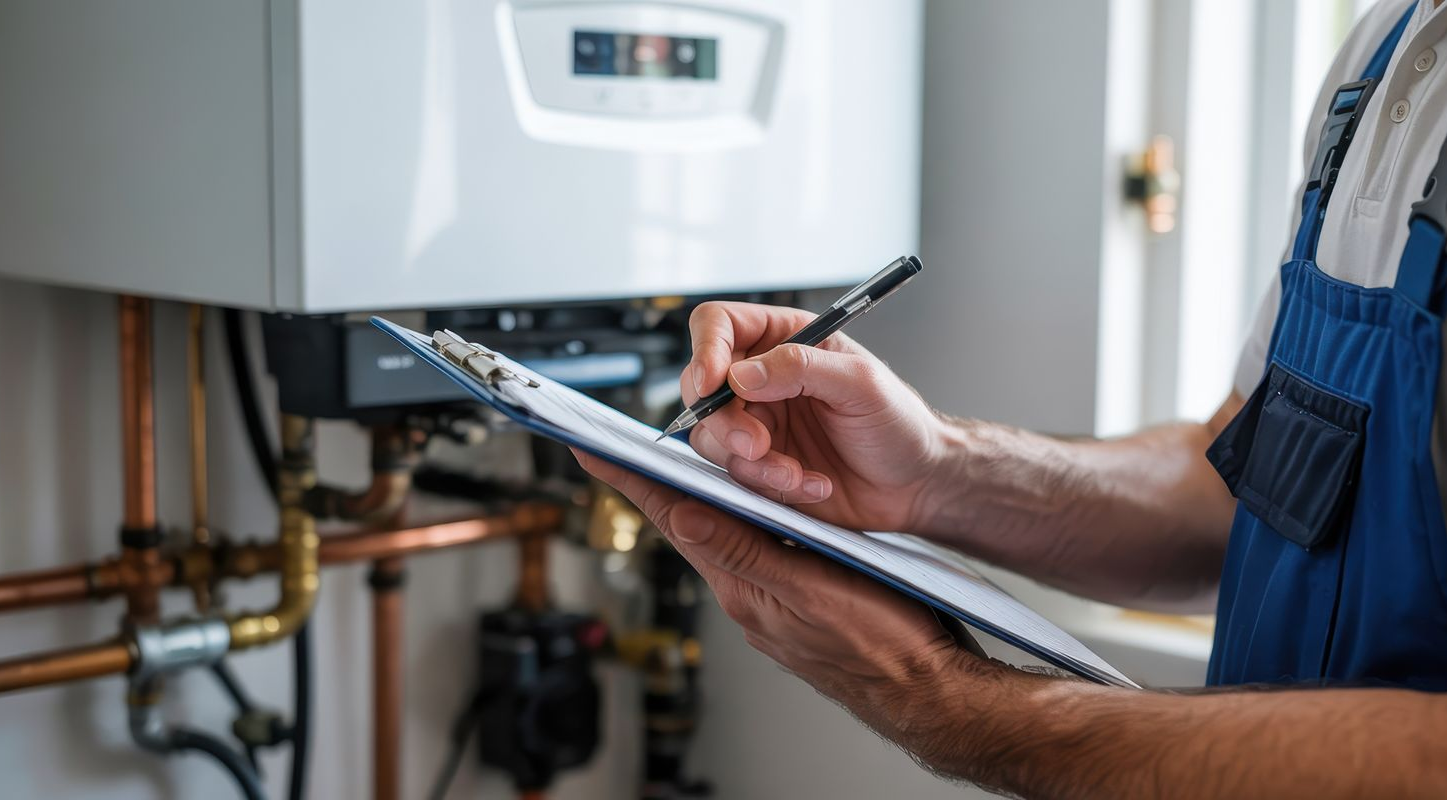 Un technicien en combinaison bleue, tenant un bloc-notes et un stylo, inspecte une chaudière murale.