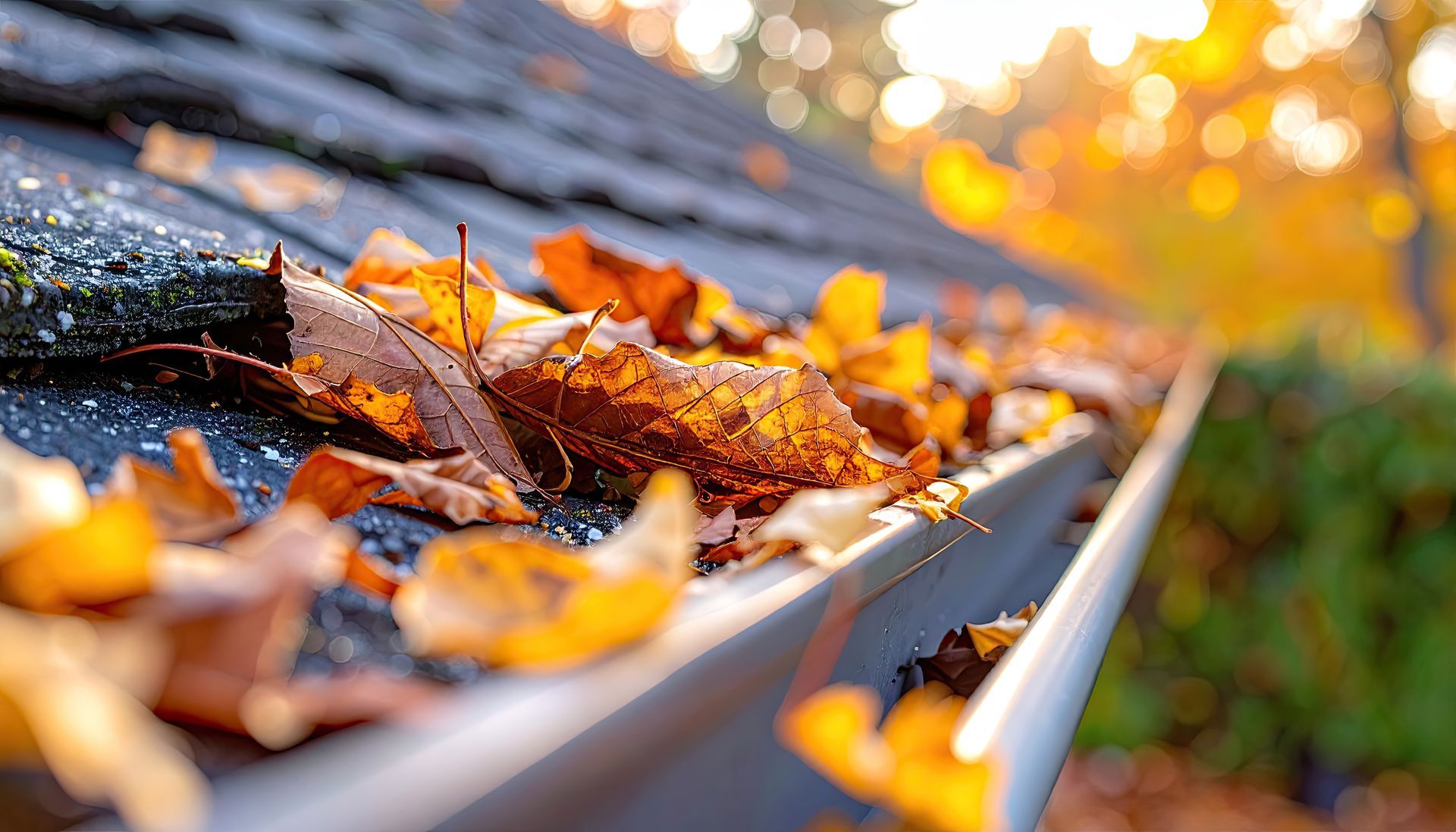 Gros plan sur une gouttière remplie de feuilles d'automne orange et brunes tombées, sur un fond flou éclairé d'une lumière dorée.
