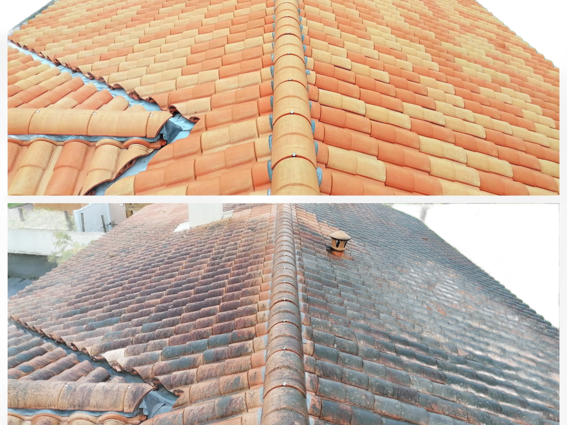 Comparaison en écran partagé d'un toit en tuiles d'argile résidentiel avant (en bas, sale/foncé) et après (en haut, propre/orange) nettoyage.
