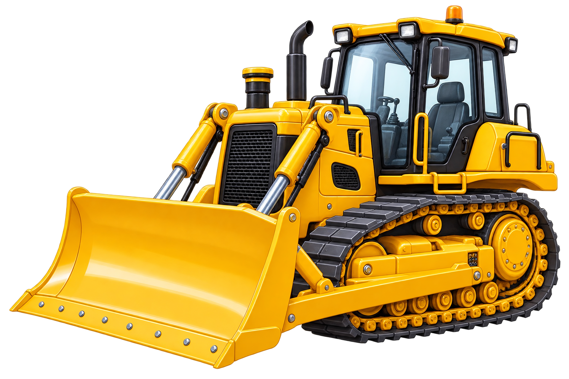 Bulldozer jaune avec lame relevée et chenilles noires sur fond blanc.