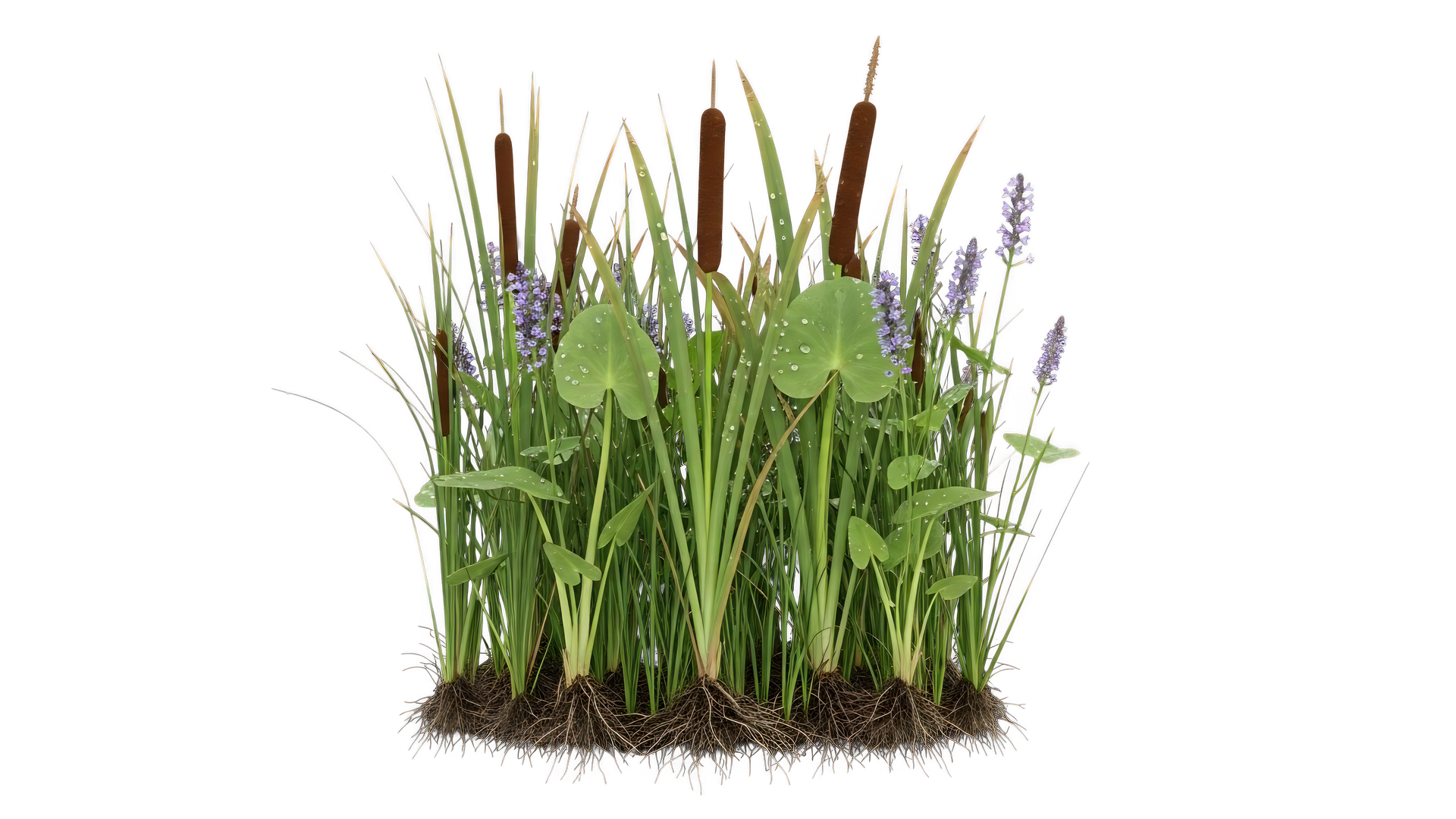 Herbe verte dense avec de hautes inflorescences brunes et violettes sur fond blanc.