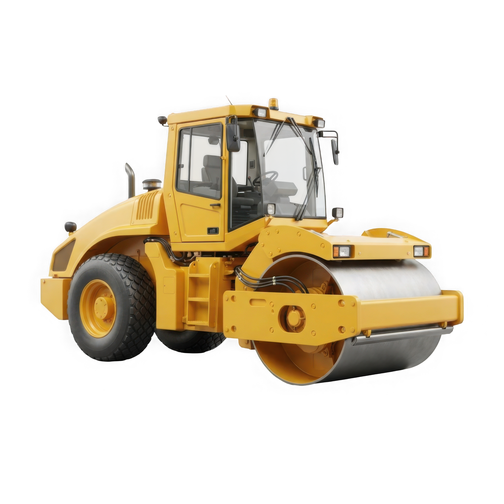 Rouleau compresseur jaune sur fond blanc.