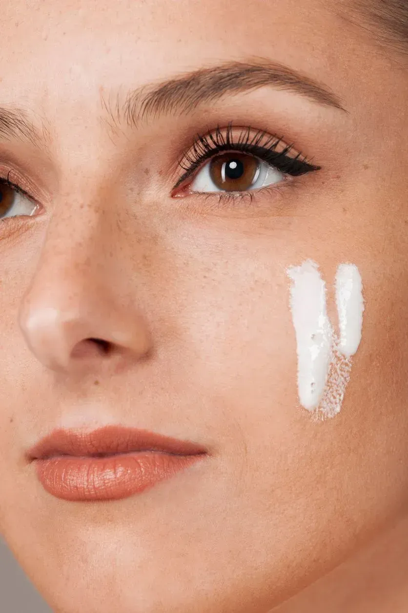 Mulher com creme na bochecha e usando delineador.