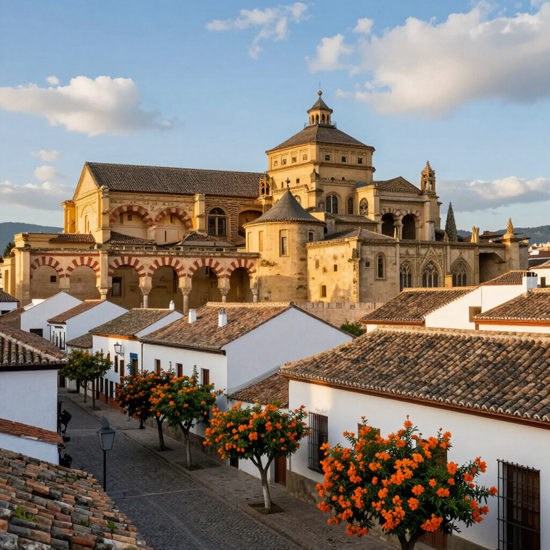 Iglesia histórica en la cima de una colina con vistas a casas encaladas y naranjos al atardecer.